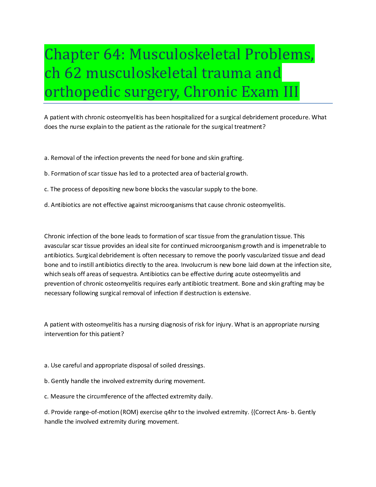 Recommended document preview for Chapter 64: Musculoskeletal Problems, ch 62 musculoskeletal trauma and orthopedic surgery, Chronic Exam III